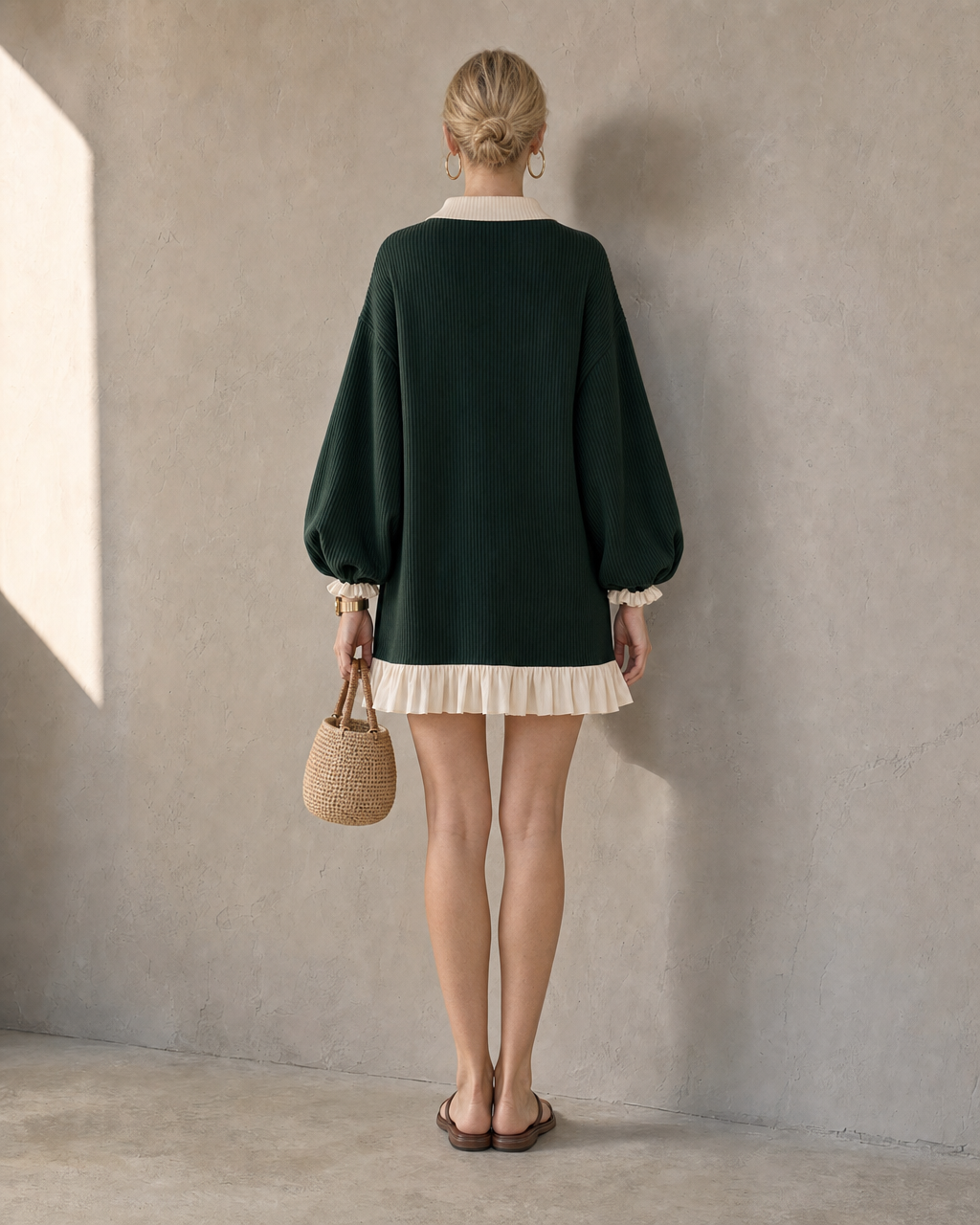 Casual Dark Green Knit Contrast-Collar Long-sleeve Ruffle-Hem Mini Dress MVA001280AA