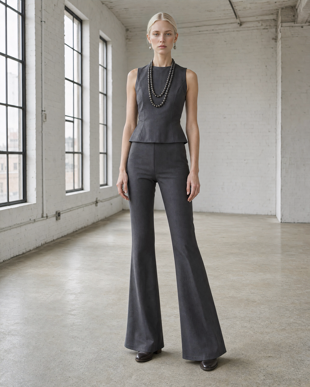 Casual Charcoal Woven Round-neck Sleeveless Peplum Top And Flared Trousers Set MVA001300AA