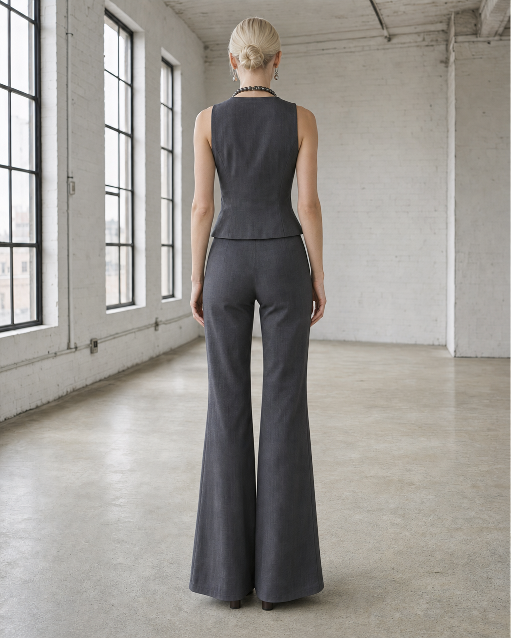 Casual Charcoal Woven Round-neck Sleeveless Peplum Top And Flared Trousers Set MVA001300AA