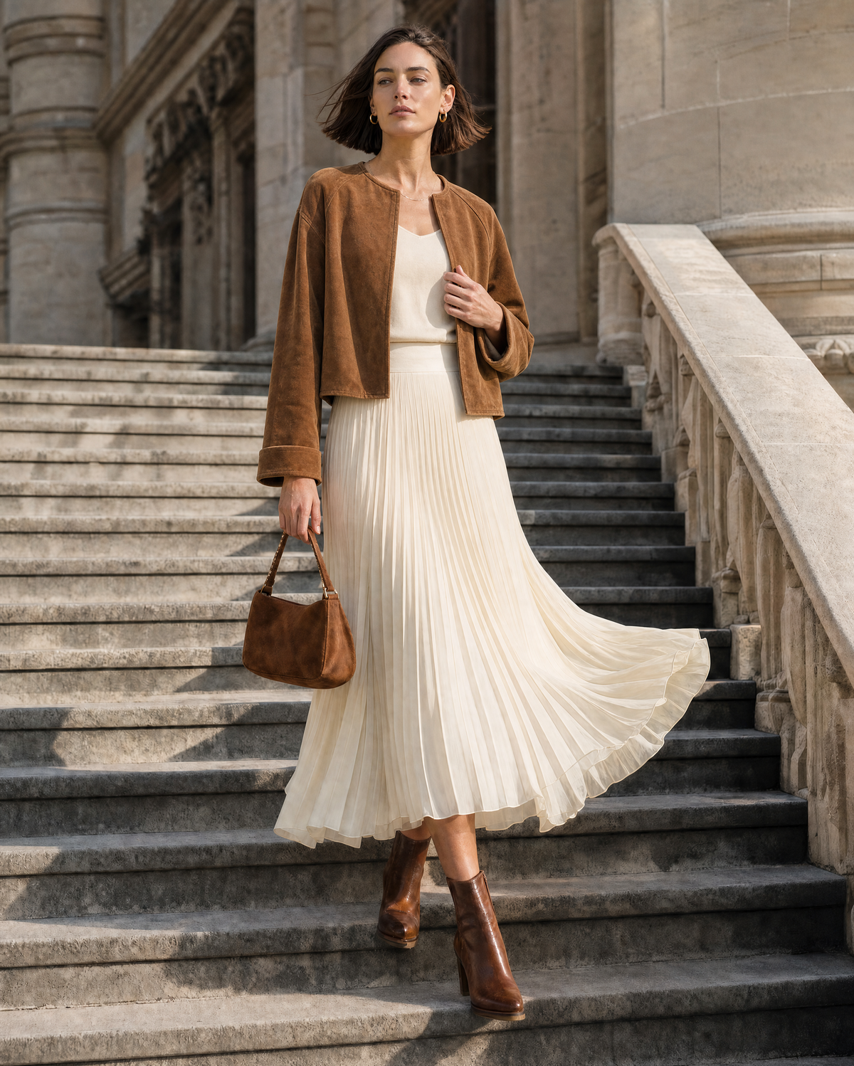 Casual Tan Suede-Effect Woven Lapel Long-sleeve Cropped Jacket MVA001310AA