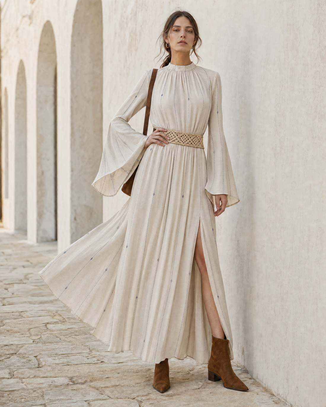 Bohemian Ivory Woven Stand-Collar Long-sleeve Maxi Dress MVA001320AA