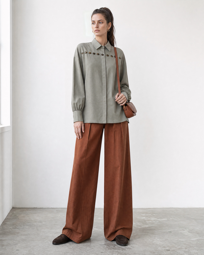 Casual Sage And Rust Woven Shirt-Collar Amber-Button Long-sleeve Two-piece Set MVA001330AA