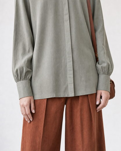 Casual Sage And Rust Woven Shirt-Collar Amber-Button Long-sleeve Two-piece Set MVA001330AA