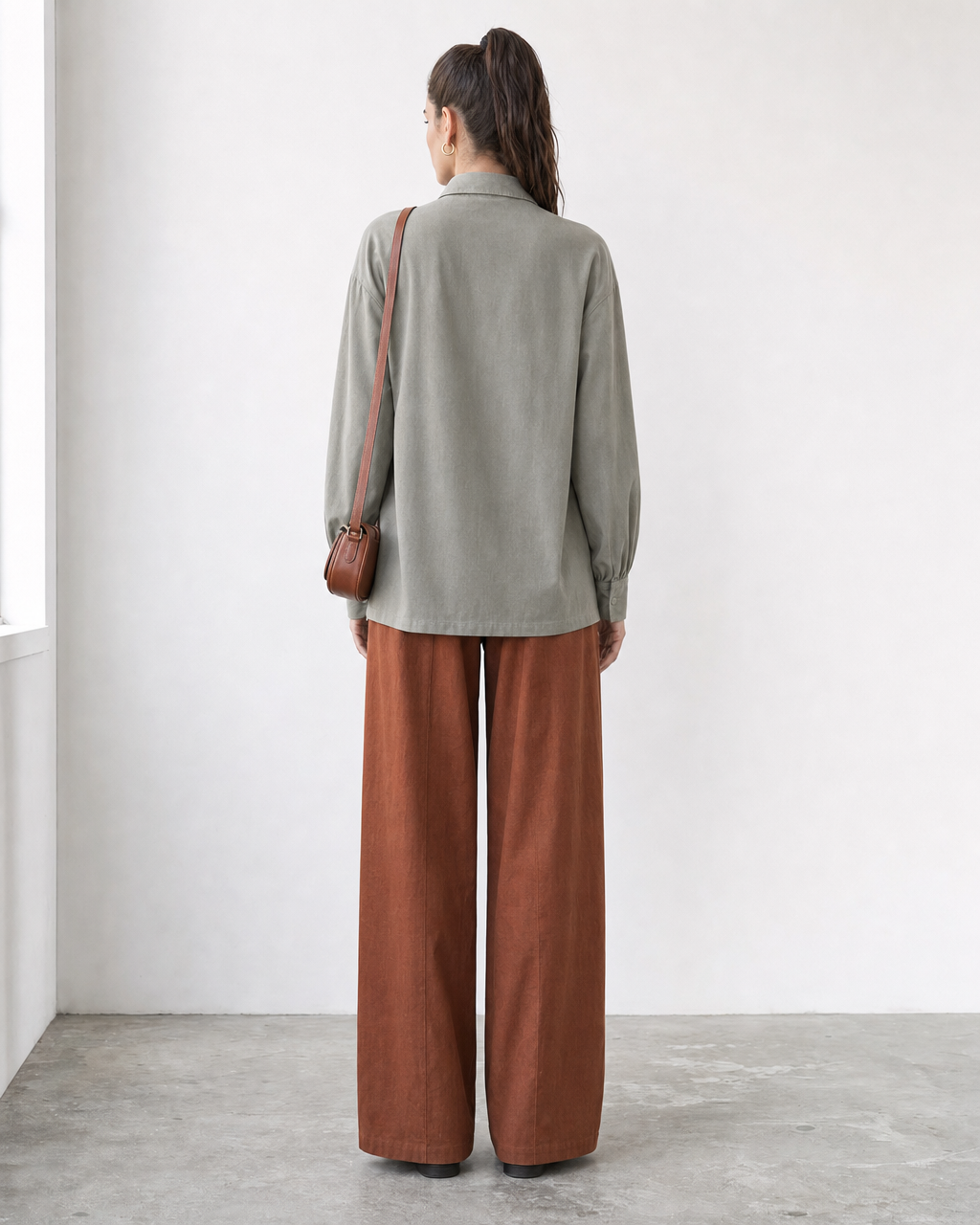 Casual Sage And Rust Woven Shirt-Collar Amber-Button Long-sleeve Two-piece Set MVA001330AA