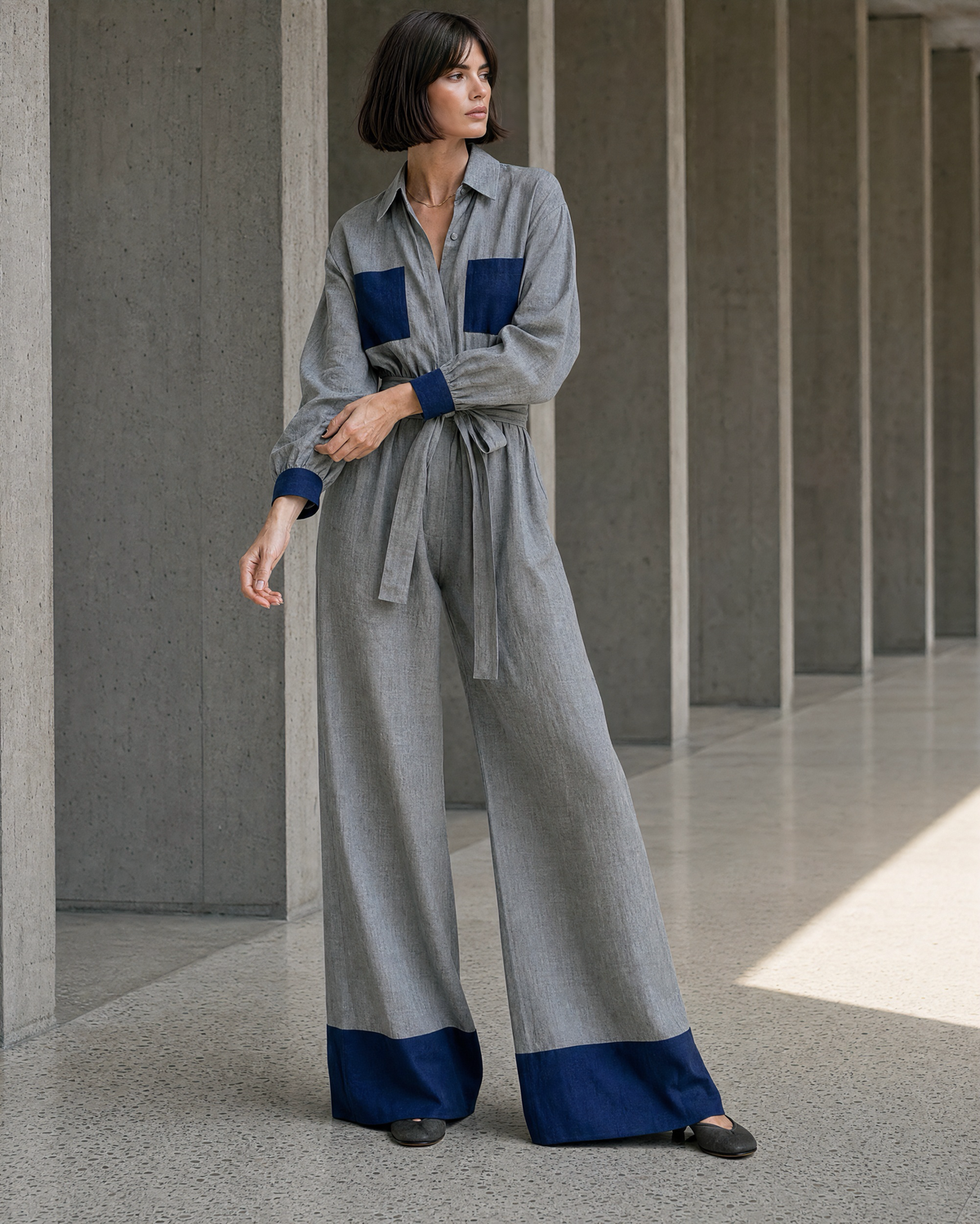 Casual Grey And Navy Woven Shirt-Collar Long-sleeve Jumpsuit MVA001350AA