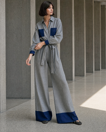 Casual Grey And Navy Woven Shirt-Collar Long-sleeve Jumpsuit MVA001350AA