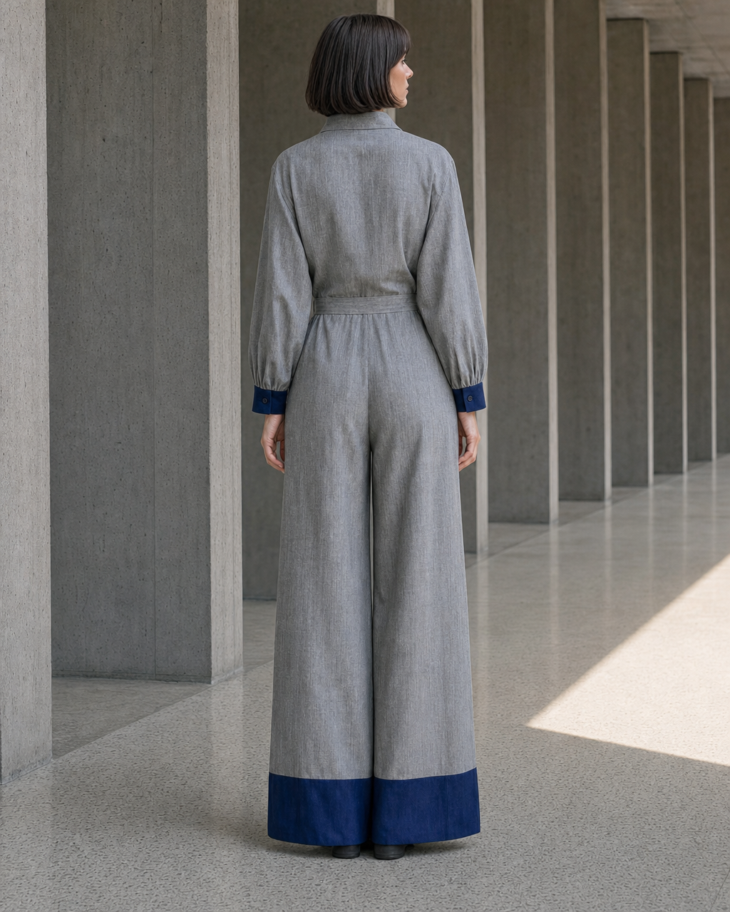 Casual Grey And Navy Woven Shirt-Collar Long-sleeve Jumpsuit MVA001350AA