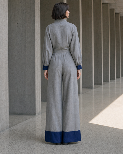 Casual Grey And Navy Woven Shirt-Collar Long-sleeve Jumpsuit MVA001350AA