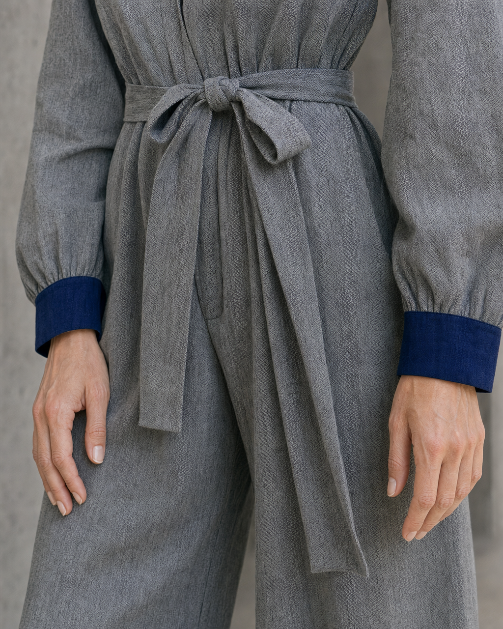 Casual Grey And Navy Woven Shirt-Collar Long-sleeve Jumpsuit MVA001350AA