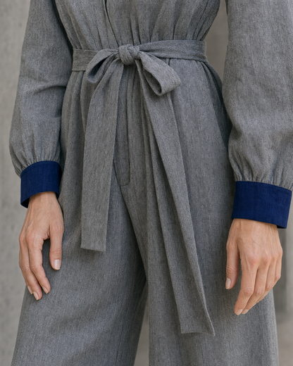 Casual Grey And Navy Woven Shirt-Collar Long-sleeve Jumpsuit MVA001350AA