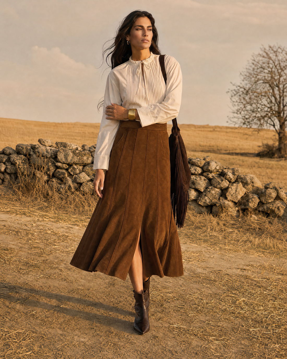 Bohemian Western Ivory And Brown Suede-Effect Stand-Collar Long-sleeve Blouse And Panelled Midi Skirt Set MVA001360AA