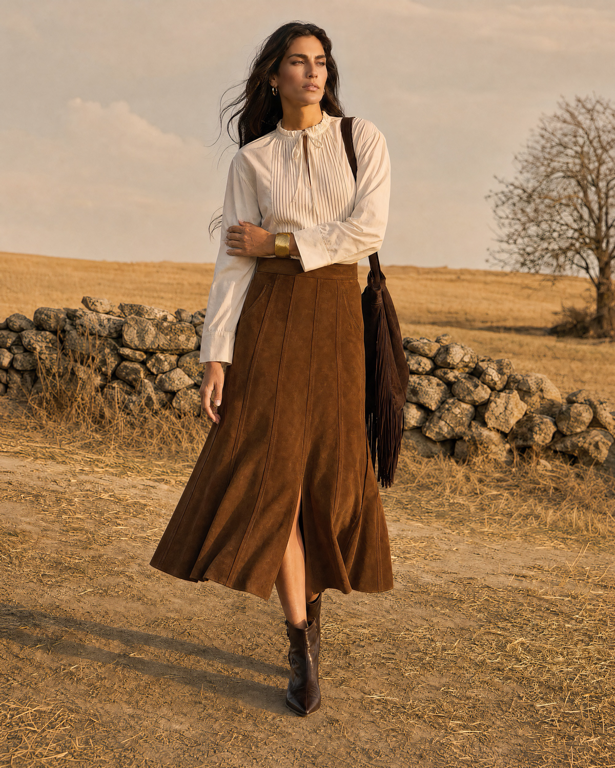 Bohemian Western Ivory And Brown Suede-Effect Stand-Collar Long-sleeve Blouse And Panelled Midi Skirt Set MVA001360AA