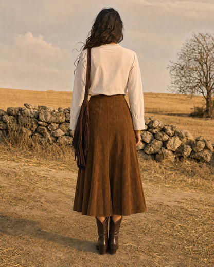 Bohemian Western Ivory And Brown Suede-Effect Stand-Collar Long-sleeve Blouse And Panelled Midi Skirt Set MVA001360AA