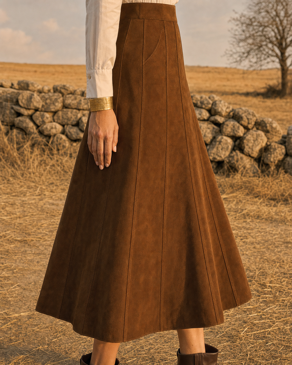 Bohemian Western Ivory And Brown Suede-Effect Stand-Collar Long-sleeve Blouse And Panelled Midi Skirt Set MVA001360AA