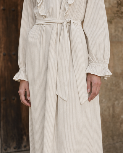 Bohemian Ivory Striped Woven Shirt-Collar Long-sleeve Midi Dress MVA001370AA
