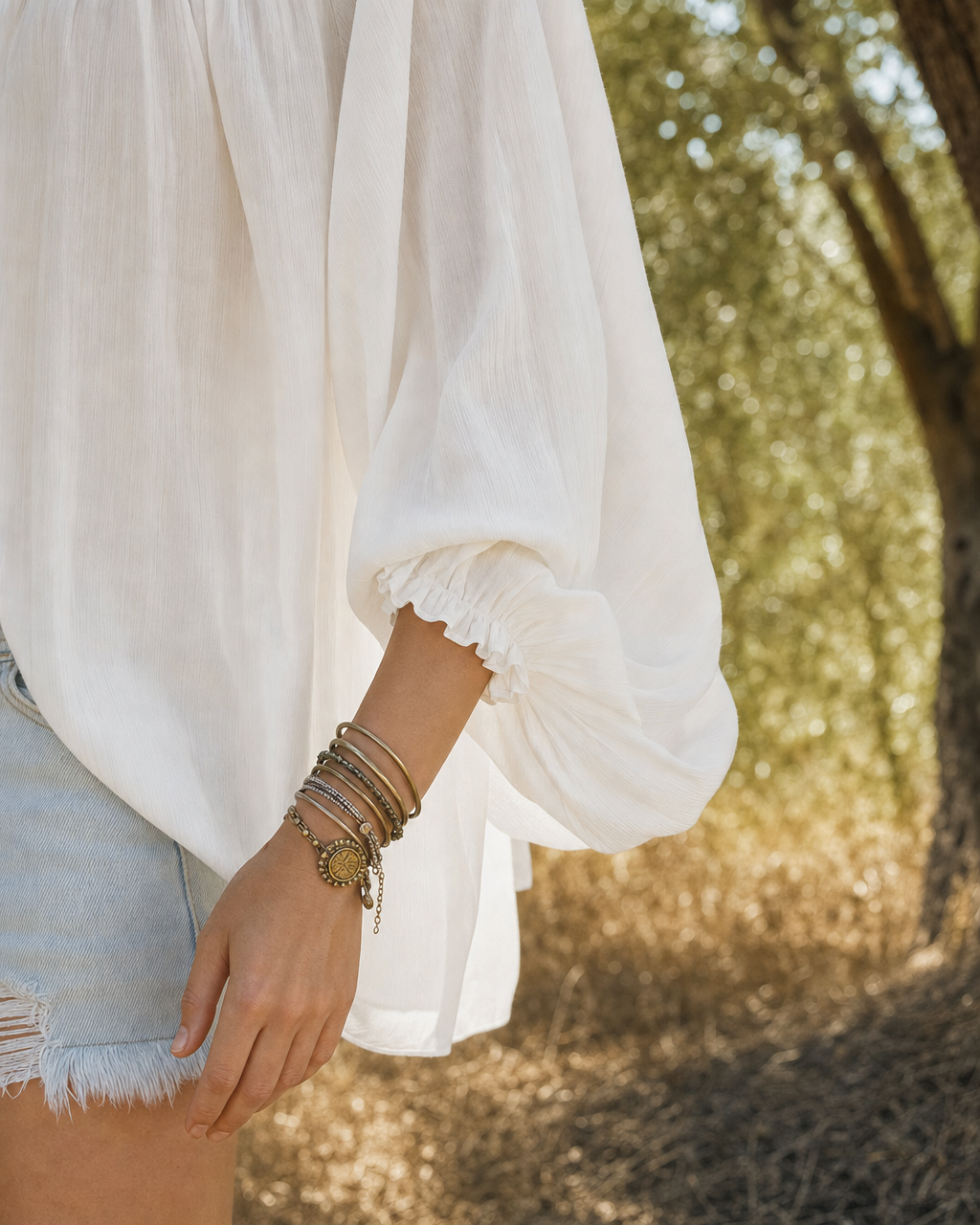 Bohemian White Woven V-neck Long-sleeve Blouse MVA001380AA
