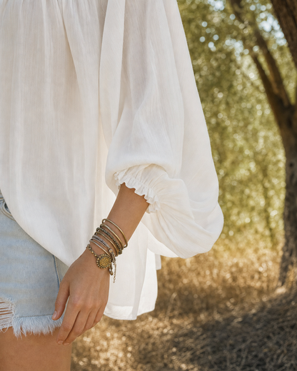 Bohemian White Woven V-neck Long-sleeve Blouse MVA001380AA