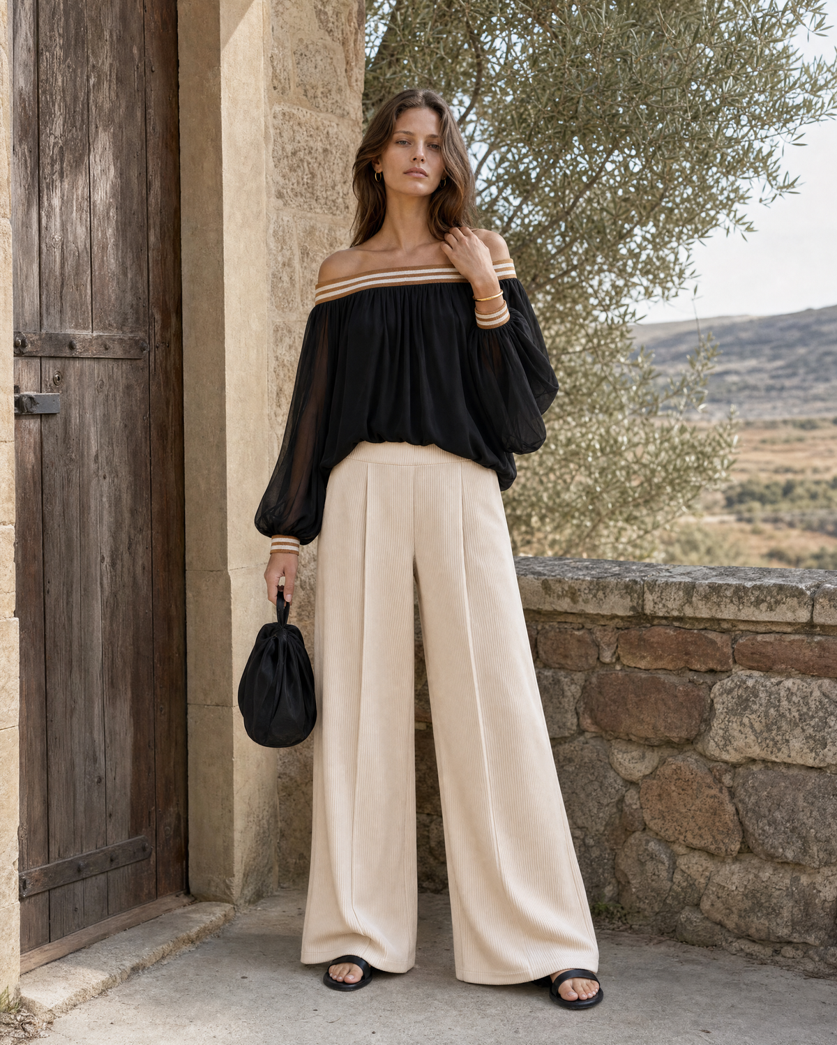 Bohemian Black And Cream Chiffon Off-shoulder Long-sleeve Blouse And Wide-leg Trousers Set MVA001400AA