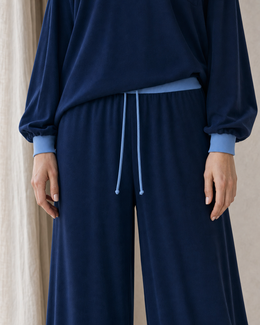 Casual Navy Knit Contrast-Trim Split V-neck Long-sleeve Wide-leg Two-piece Set MVA001420AA