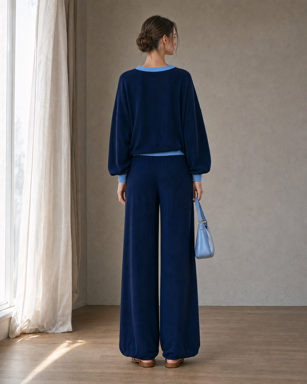 Casual Navy Knit Contrast-Trim Split V-neck Long-sleeve Wide-leg Two-piece Set MVA001420AA
