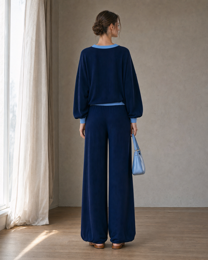 Casual Navy Knit Contrast-Trim Split V-neck Long-sleeve Wide-leg Two-piece Set MVA001420AA
