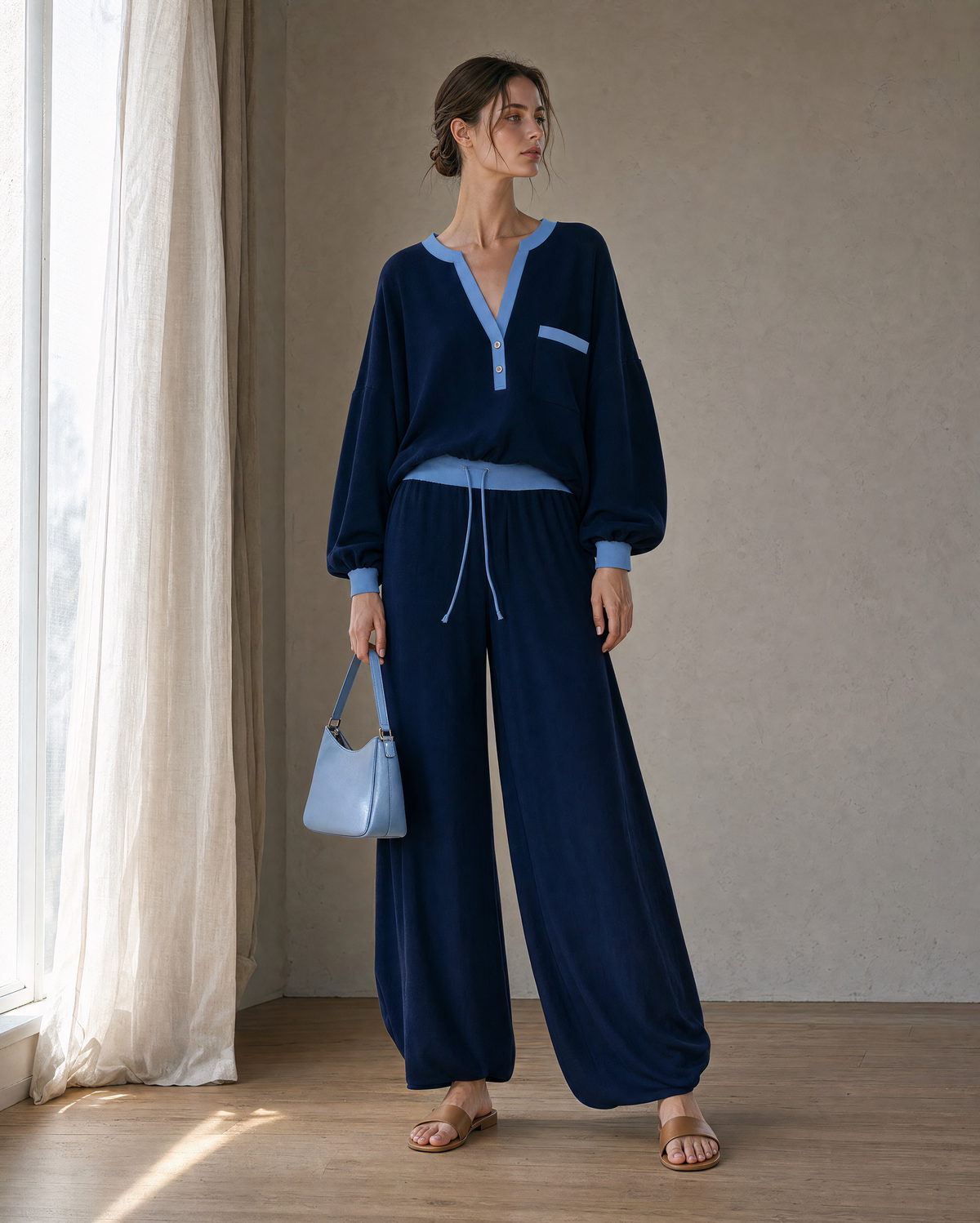 Casual Navy Knit Contrast-Trim Split V-neck Long-sleeve Wide-leg Two-piece Set MVA001420AA