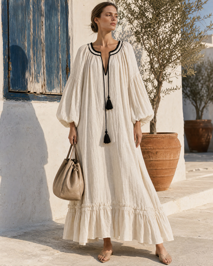 Bohemian Ivory Cotton-linen Round-neck Long-sleeve Tassel-Tie Tiered Maxi Dress MVA001440AA