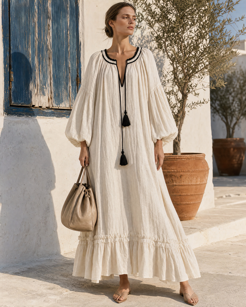Bohemian Ivory Cotton-linen Round-neck Long-sleeve Tassel-Tie Tiered Maxi Dress MVA001440AA