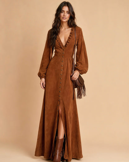 Boho Suede Ruffled V‑Neck Long Sleeve Single‑breasted Slit Maxi Dress MVA00010AA