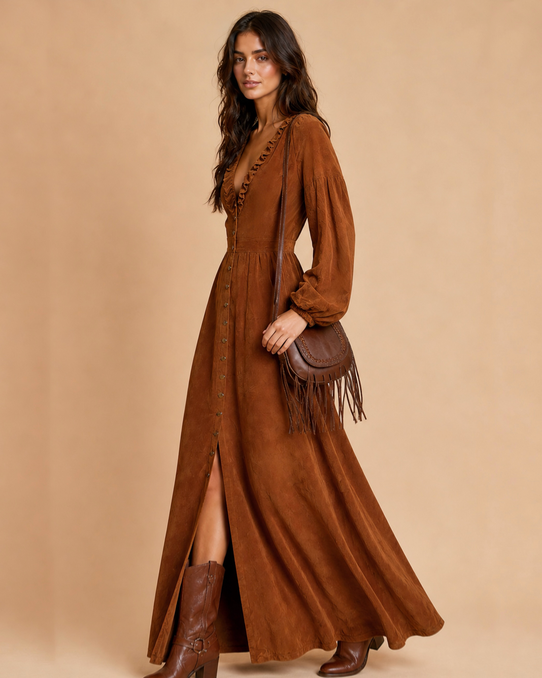 Boho Suede Ruffled V‑Neck Long Sleeve Single‑breasted Slit Maxi Dress MVA00010AA