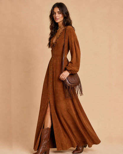 Boho Suede Ruffled V‑Neck Long Sleeve Single‑breasted Slit Maxi Dress MVA00010AA