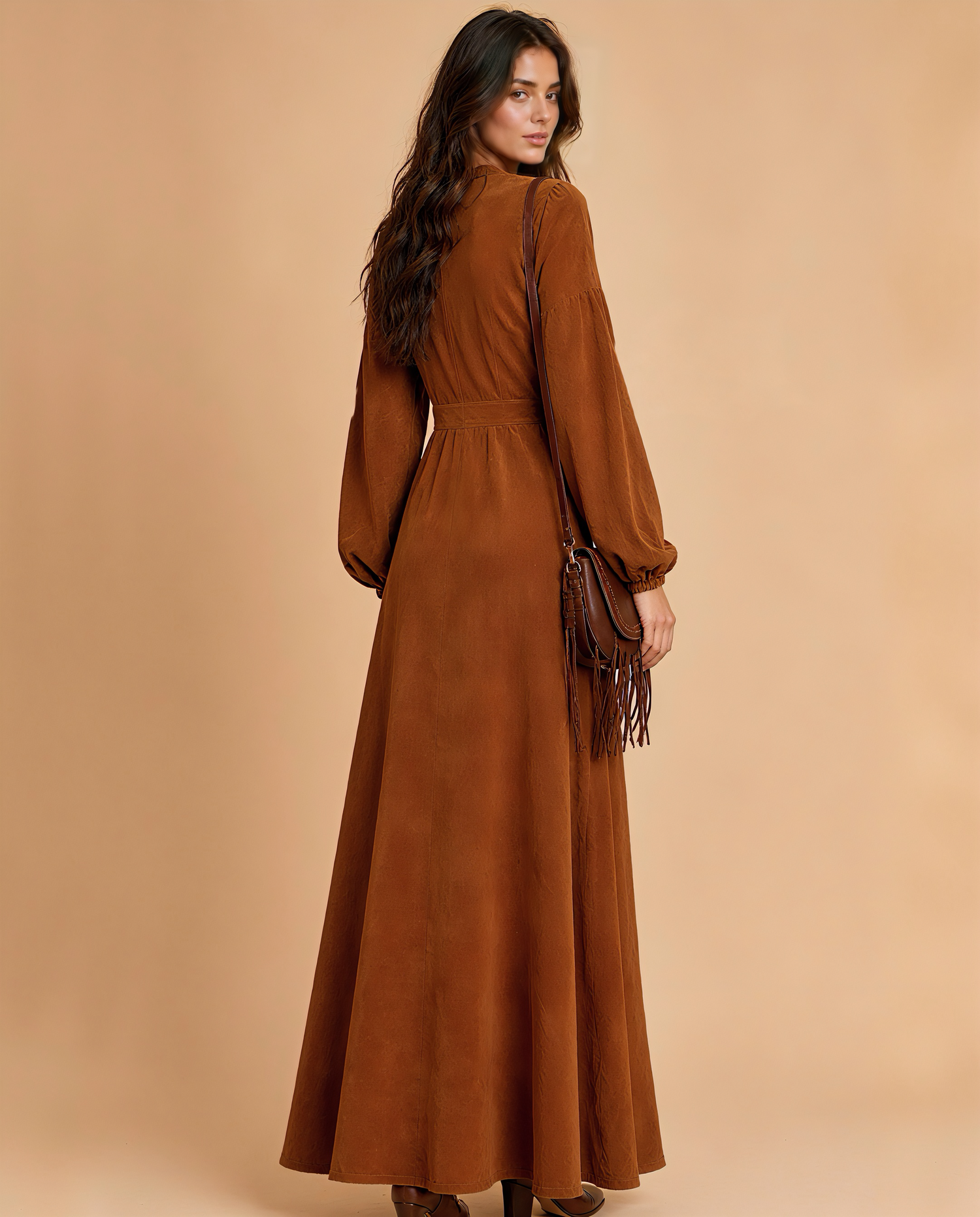 Boho Suede Ruffled V‑Neck Long Sleeve Single‑breasted Slit Maxi Dress MVA00010AA