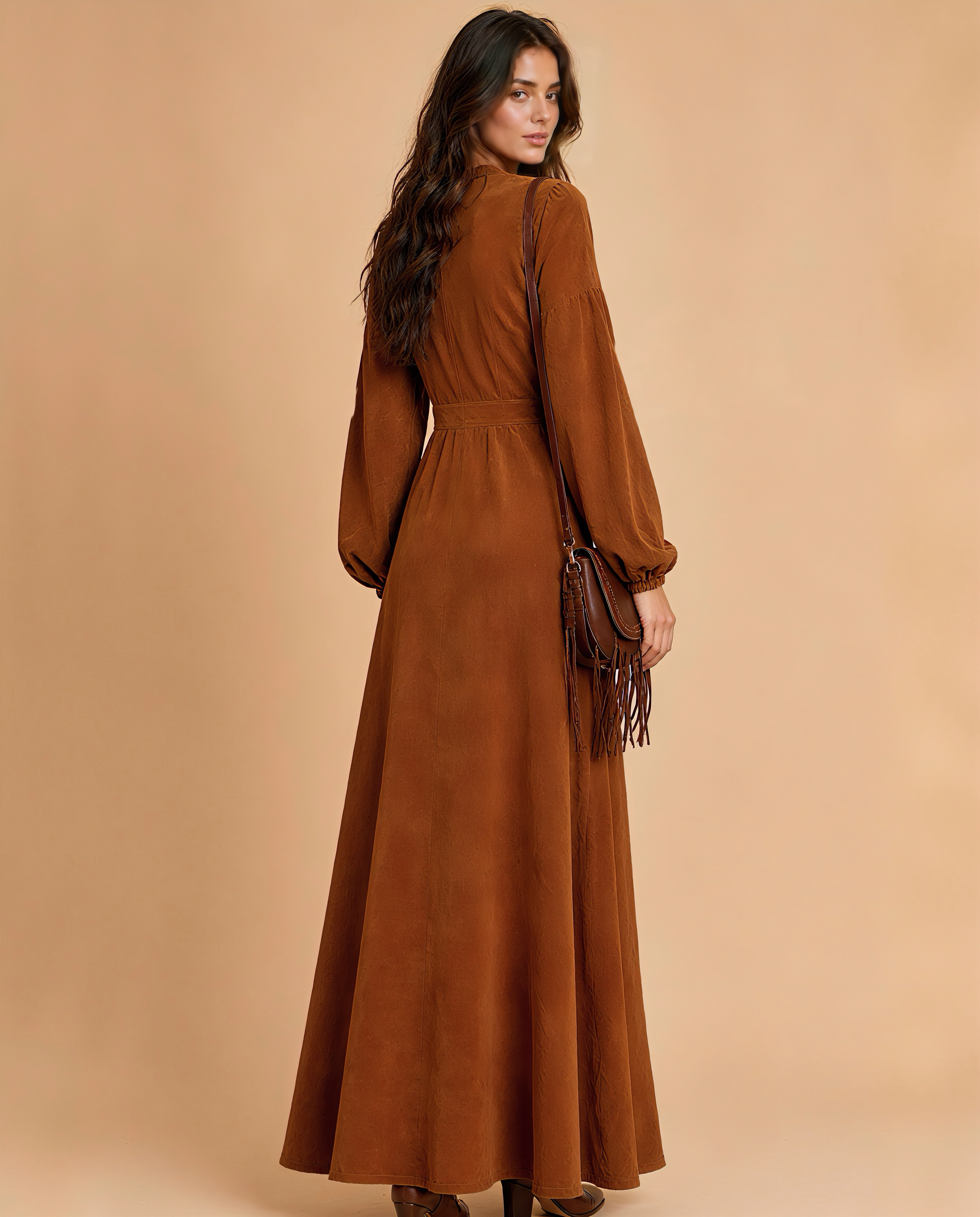 Boho Suede Ruffled V‑Neck Long Sleeve Single‑breasted Slit Maxi Dress MVA00010AA