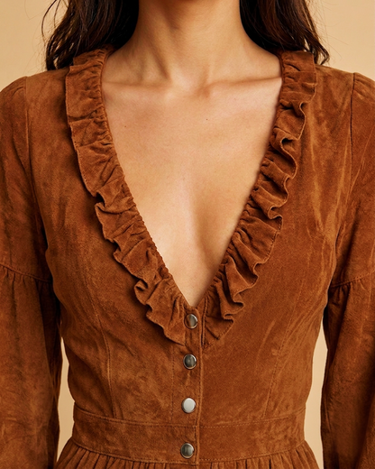 Boho Suede Ruffled V‑Neck Long Sleeve Single‑breasted Slit Maxi Dress MVA00010AA