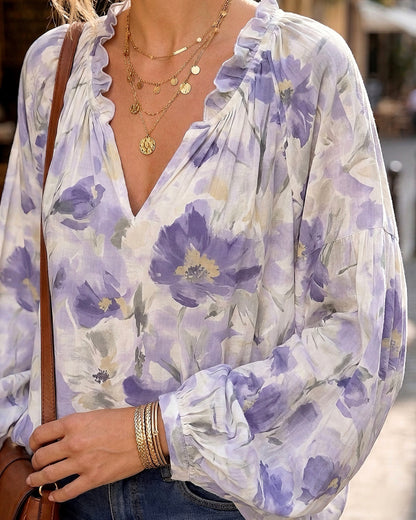 Boho Watercolor Floral Chiffon Ruffled V‑Neck Balloon Long Sleeve Loose Blouse MVA00020AA