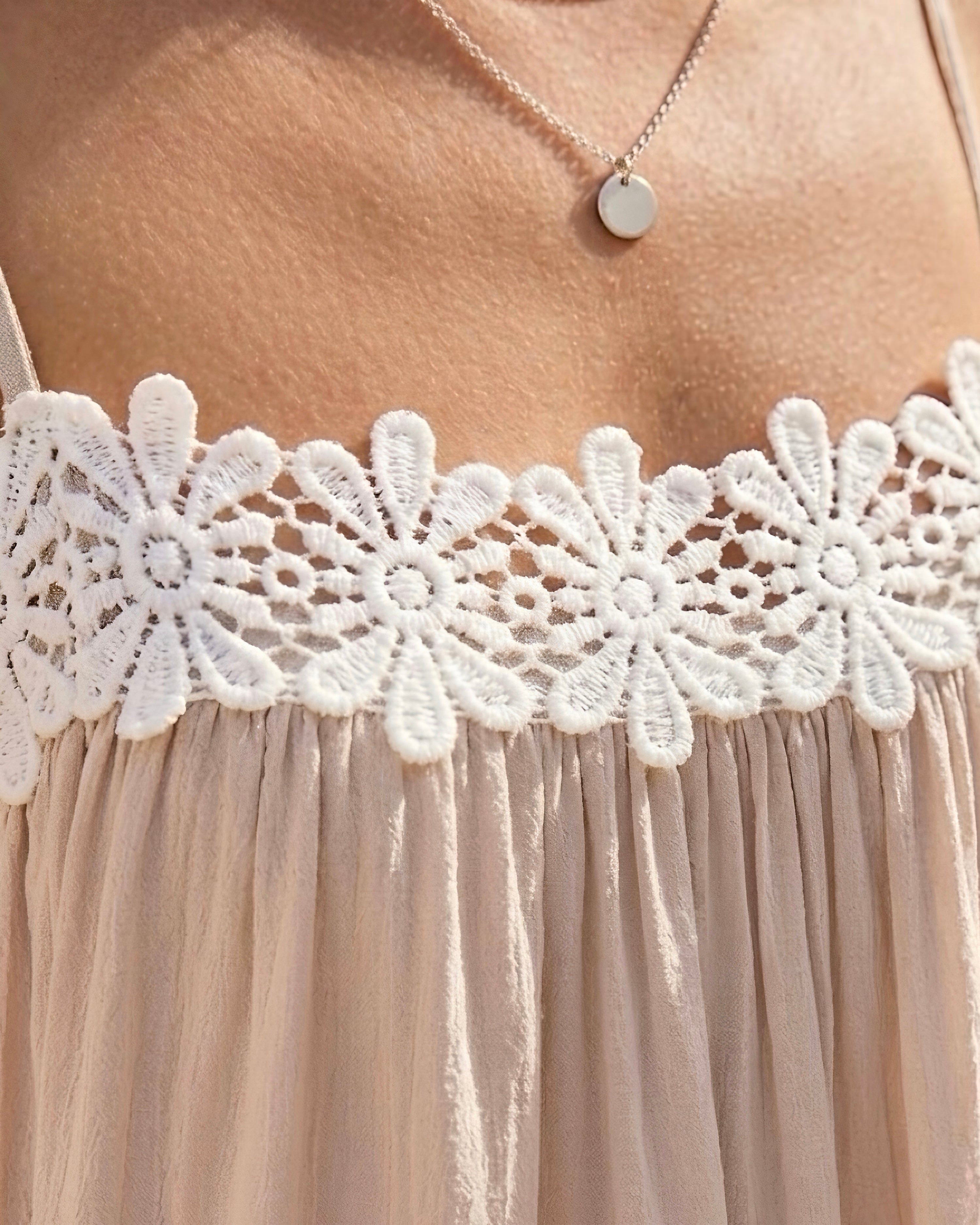 Boho Minimalist Linen‑Blend Wide Floral Lace‑Paneled Trim Spaghetti Strap Flowy Loose Midi Dress MVA00050AA