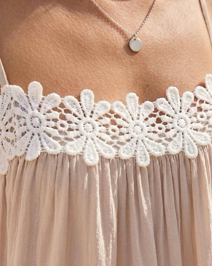 Boho Minimalist Linen‑Blend Wide Floral Lace‑Paneled Trim Spaghetti Strap Flowy Loose Midi Dress MVA00050AA