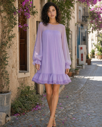 Boho Minimalist Chiffon Long Puff Sleeve Ruffle Hem Lace Trim Loose Mini Dress MVA00060AA