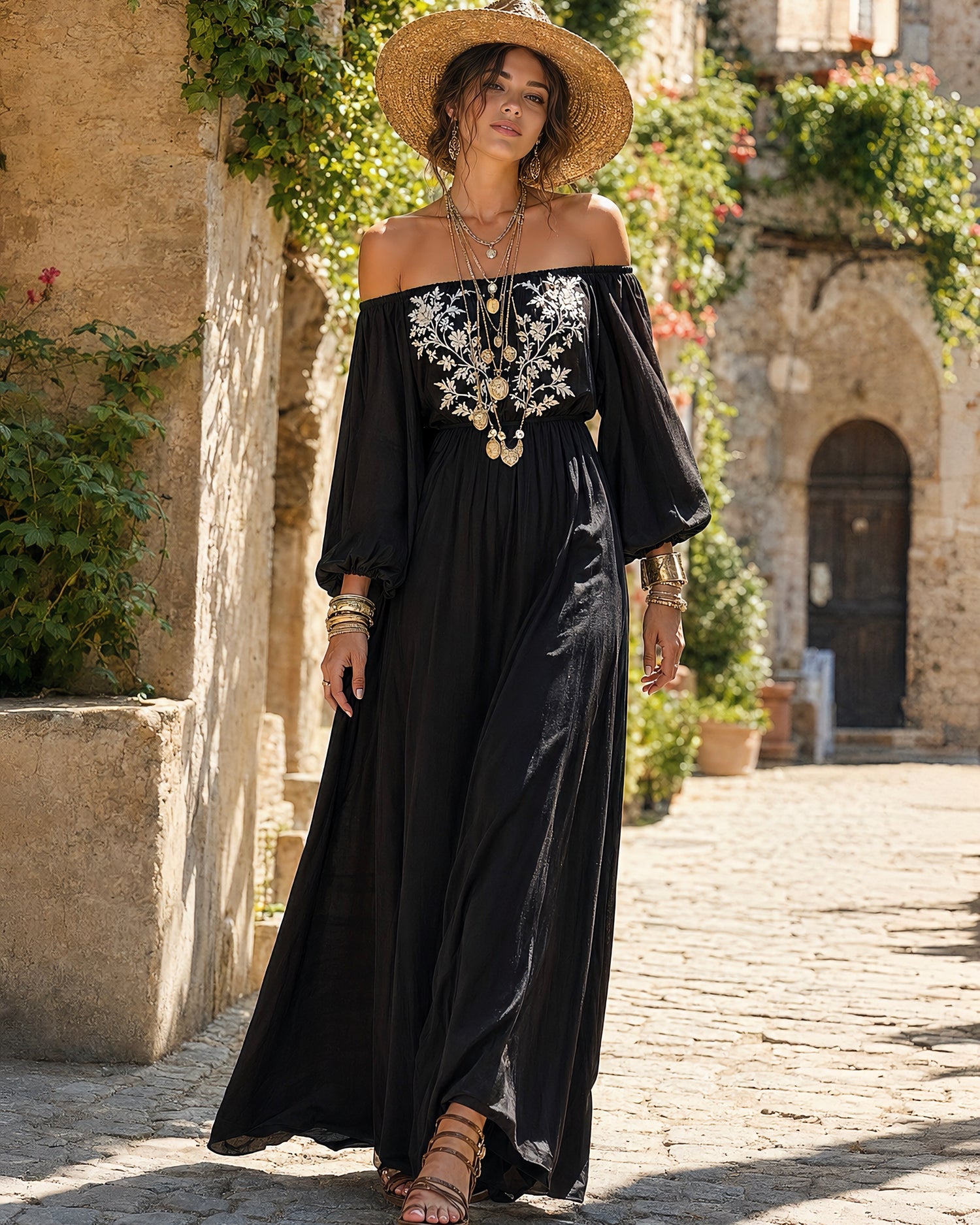 Boho Off‑Shoulder Floral Printed Long Puff Sleeve Elastic Waist Flowy Maxi Dress MVA00070AA