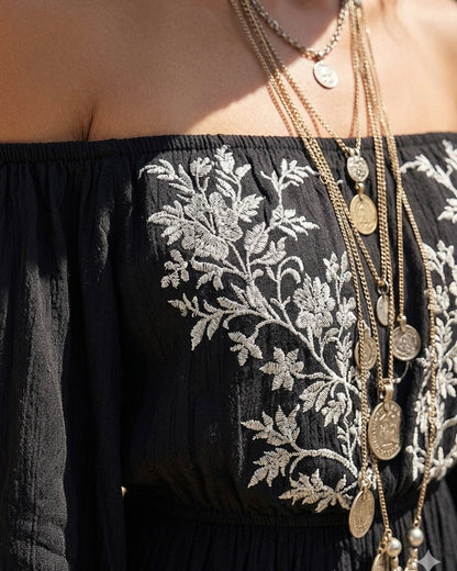 Boho Off‑Shoulder Floral Printed Long Puff Sleeve Elastic Waist Flowy Maxi Dress MVA00070AA