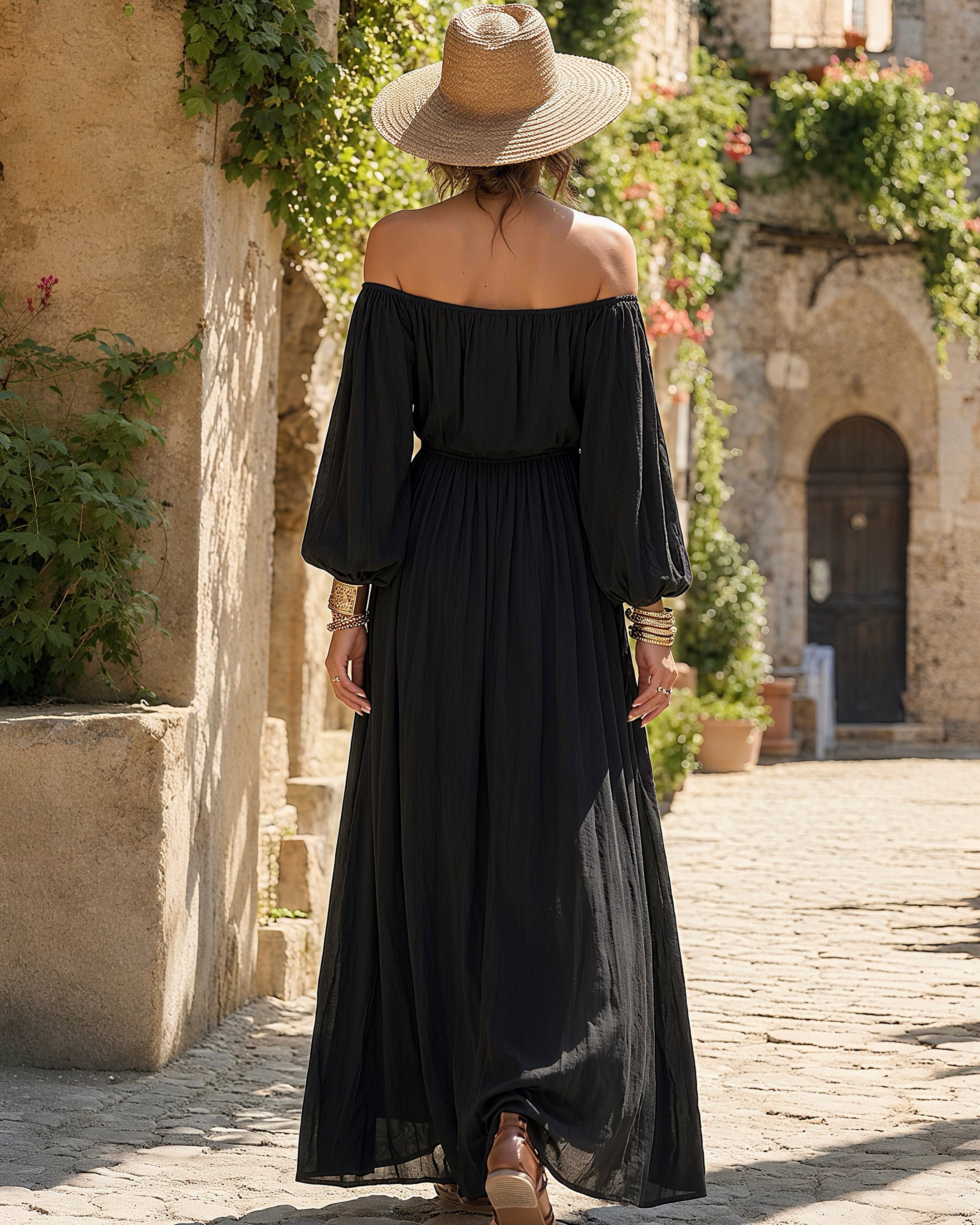 Boho Off‑Shoulder Floral Printed Long Puff Sleeve Elastic Waist Flowy Maxi Dress MVA00070AA