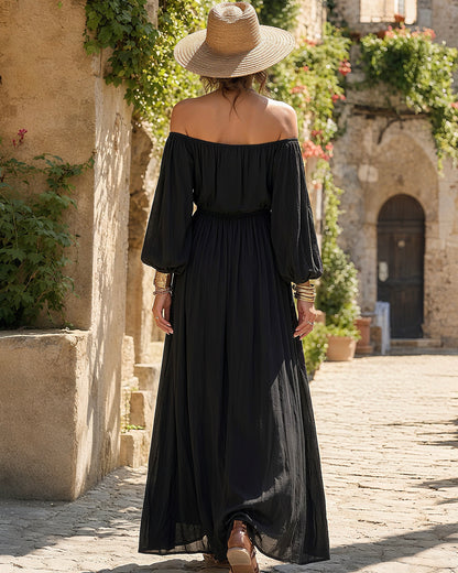 Boho Off‑Shoulder Floral Printed Long Puff Sleeve Elastic Waist Flowy Maxi Dress MVA00070AA