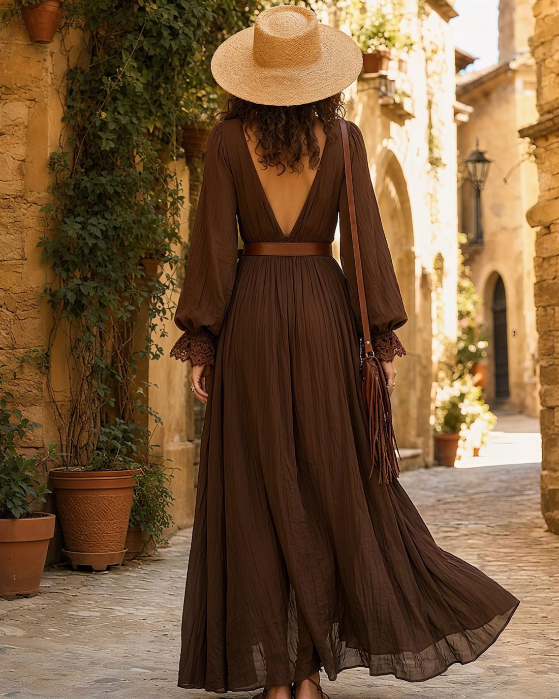 Boho Deep V‑Neck Lace Cuff Fitted Waist Asymmetrical Ruffle Maxi Dress MVA00080AA