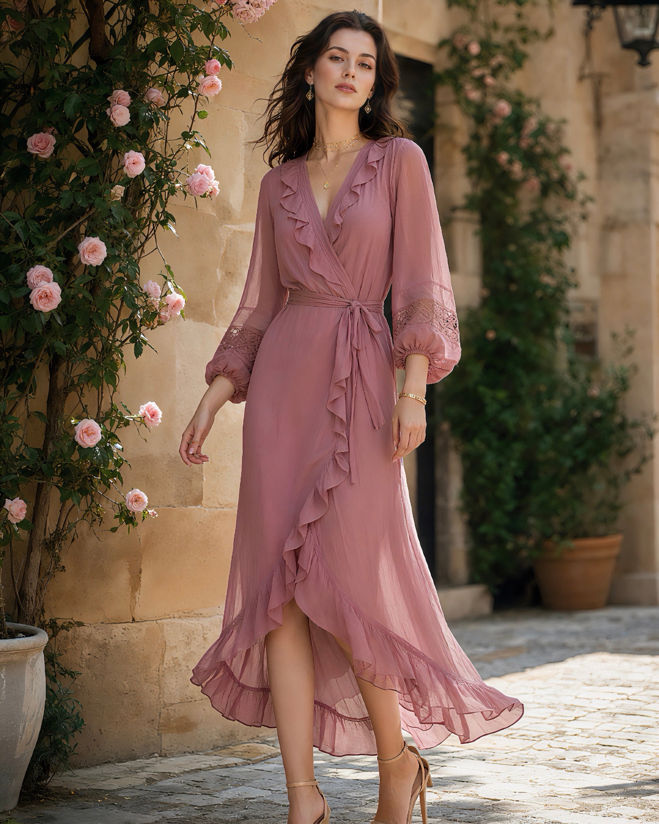 Boho Irregular Ruffle V-Neck Belted Lace Cuff Midi Dress MVA000100AA