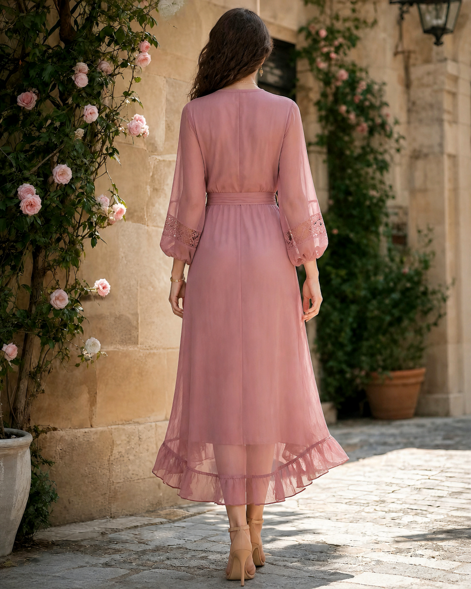 Boho Irregular Ruffle V-Neck Belted Lace Cuff Midi Dress MVA000100AA