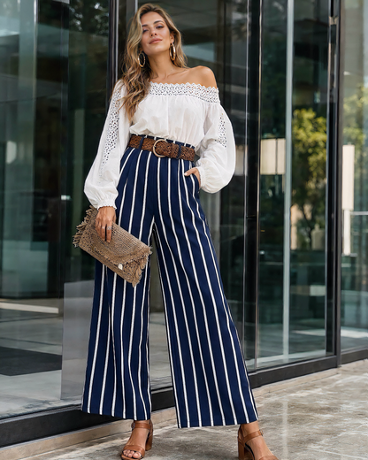 Boho Off Shoulder Eyelet Top &amp; Navy Stripe High Waist Wide Leg Pants Matching Set MVA000110AA