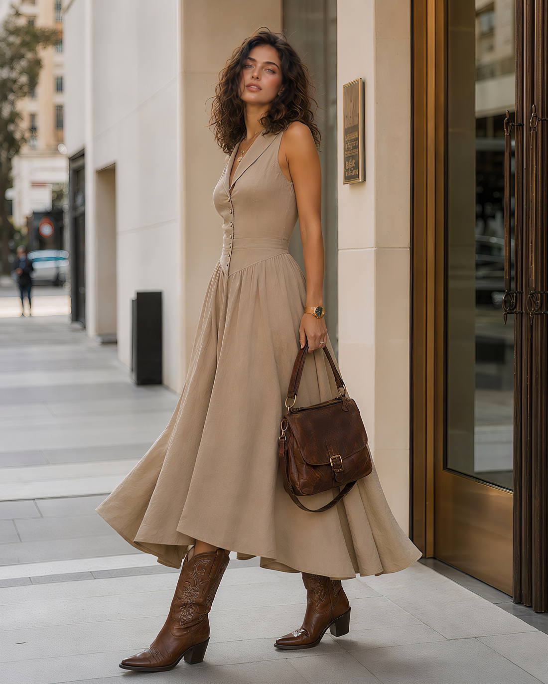 Vintage Lapel Sleeveless Button Down Linen Blend Midi Dress MVA000150AA
