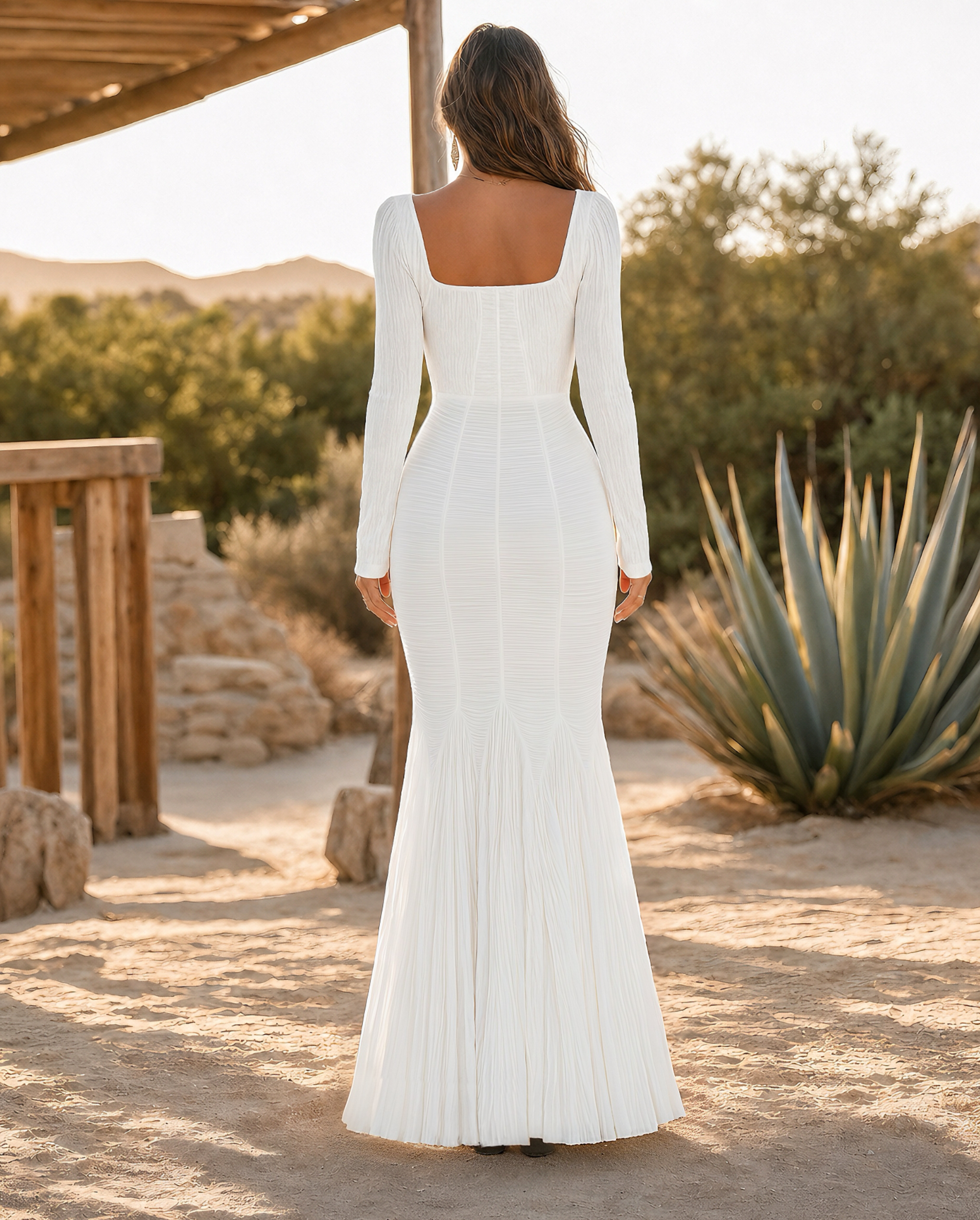 Boho Square Neck Long Sleeve Button Front Ruched Slit Mermaid Maxi Dress MVA000170AA