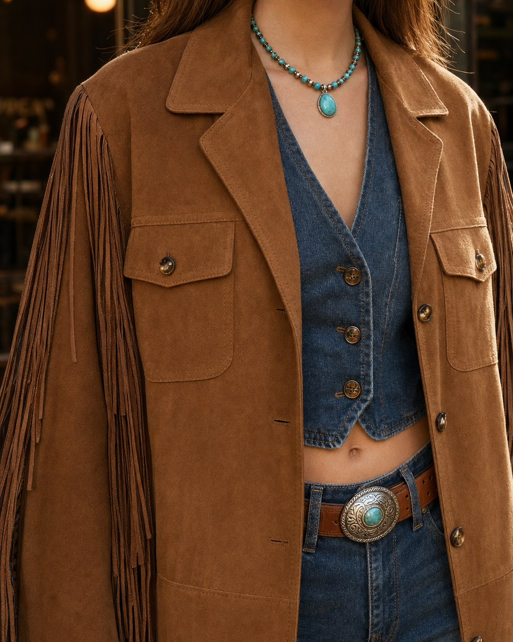 Boho Western Faux Suede Lapel Fringe Mid-Length Coat MVA000190AA
