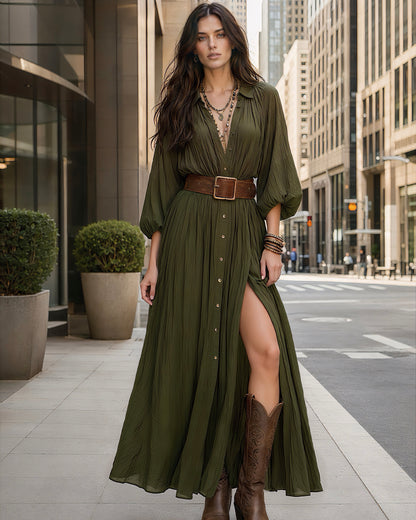 Urban Boho Pleated Shirt Maxi Dress with Wide Leather Belt, Split Thigh Long Dress MVA000200AA